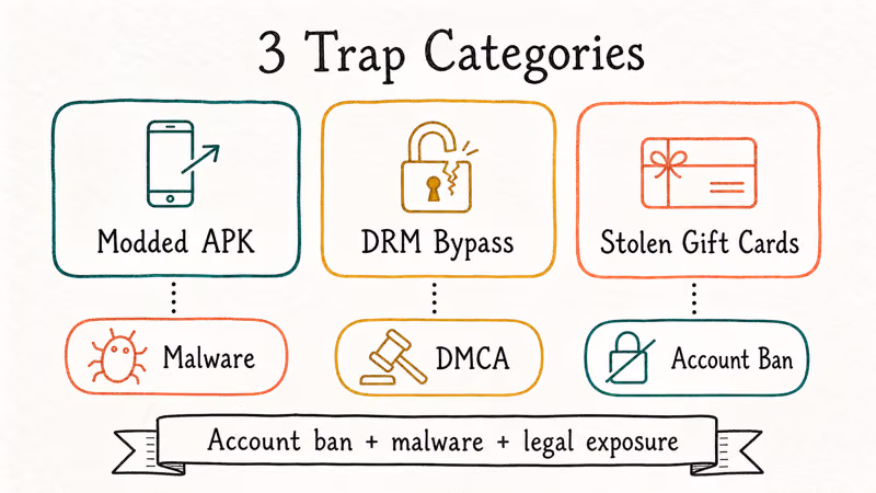 Hand-drawn infographic showing three trap categories with malware account-ban and legal risk warnings.
