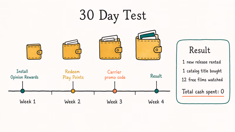 Hand-drawn thirty day timeline showing accumulating Play credit and twelve free films watched.