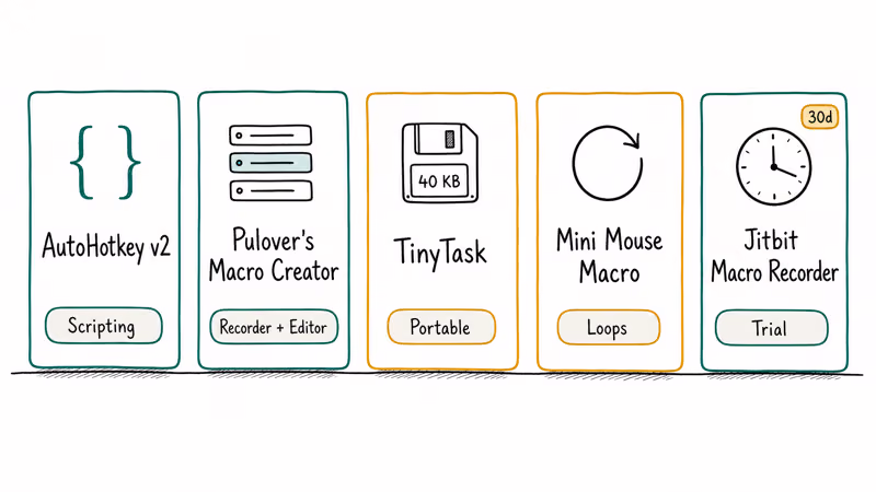 Hand-drawn lineup of five Windows macro recorder cards with key strengths.