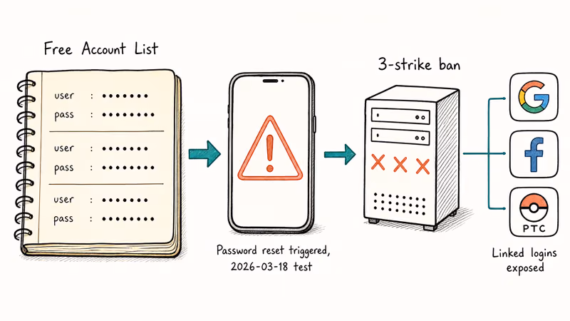 Diagram showing how shared Pokemon Go account lists harvest credentials and trigger Niantic strike bans