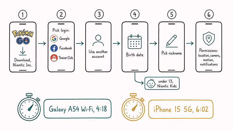 Six step Pokemon Go signup flowchart with Galaxy A54 and iPhone 15 timing benchmarks