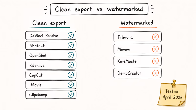 Hand-drawn comparison of seven watermark-free video editors versus four watermarked ones tested in April 2026.