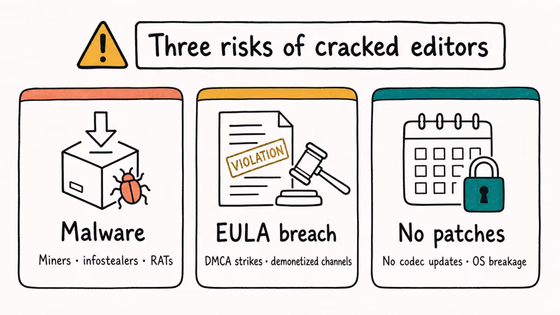 Three warning cards showing malware, EULA, and patch risks from cracked editors.