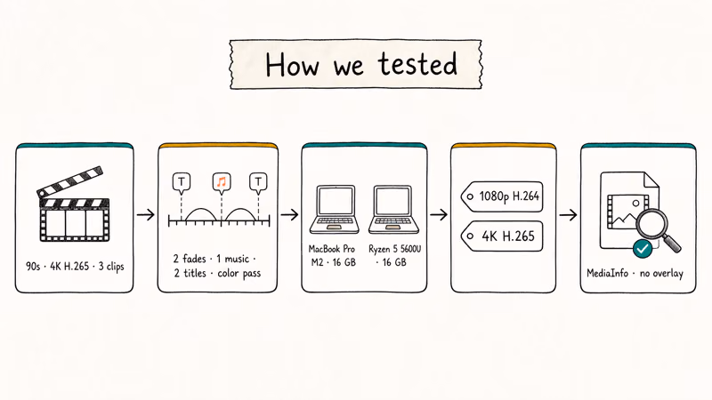 Hand-drawn five-step workflow for verifying clean exports across seven free editors.