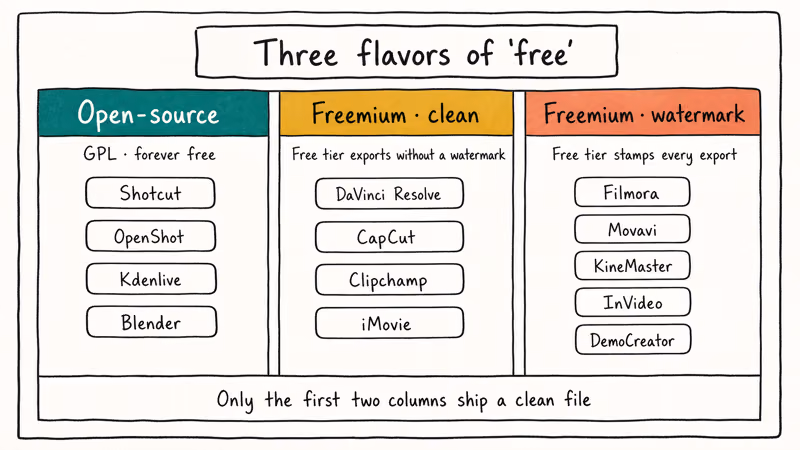 Three-column framework comparing open-source, clean freemium, and watermarked freemium video editor business models.