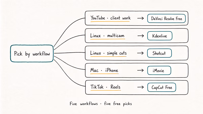Hand-drawn decision tree mapping five common video editing workflows to recommended free editor choices.