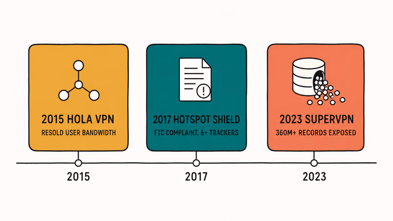 Timeline of real free VPN breaches: Hola botnet, Hotspot Shield complaint, SuperVPN data leak