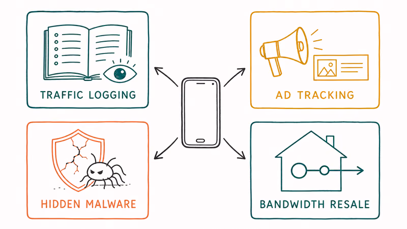 Four common free VPN risks illustrated: traffic logging, ad tracking, hidden malware, and bandwidth reselling