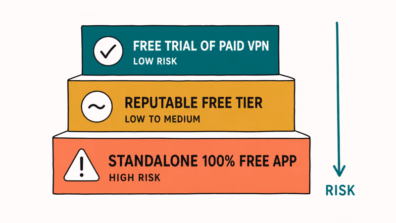 Three tiers of free VPNs ranked from safe paid trials to risky standalone apps