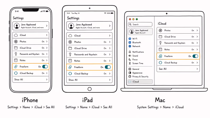 Where to find the iCloud Freeform toggle on iPhone, iPad, and Mac settings