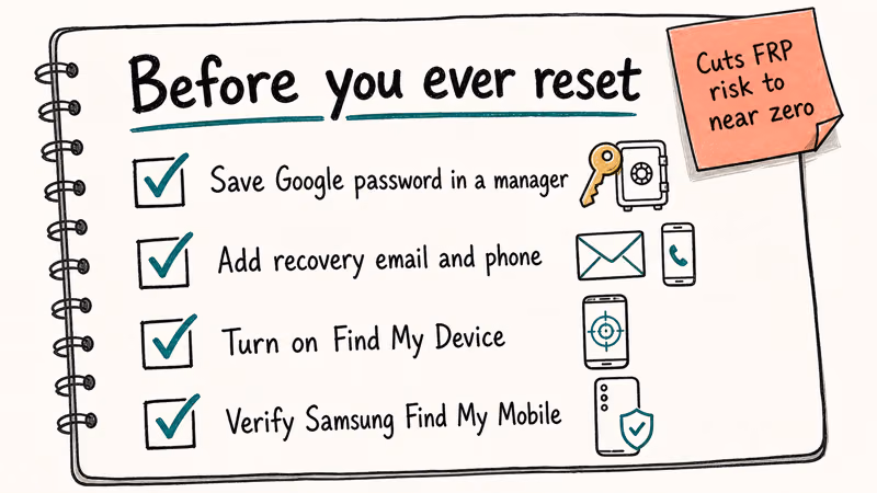 Hand-drawn checklist showing four habits that prevent future Android FRP lockouts before factory reset