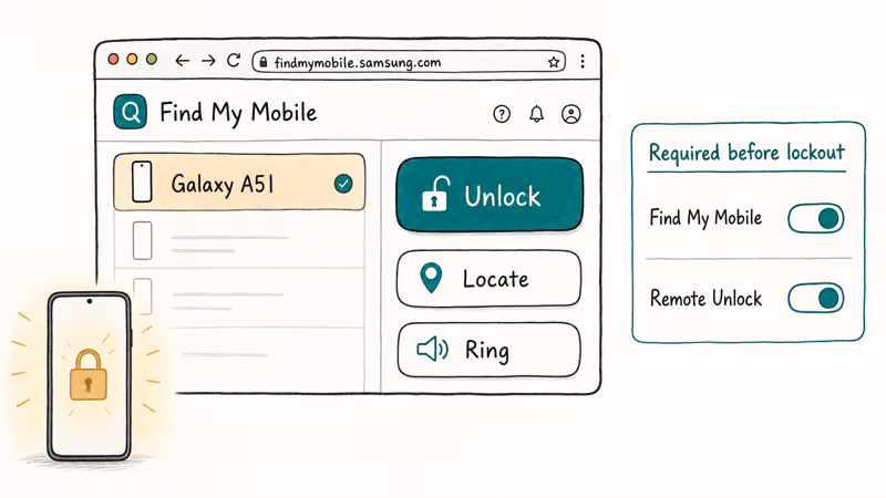 Samsung Find My Mobile portal showing Remote Unlock action with two required toggles enabled