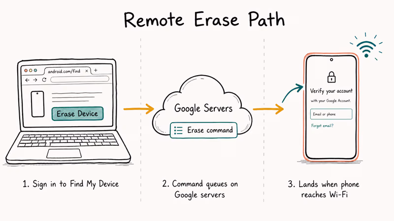 Find My Device sending remote erase command from laptop to locked Android phone