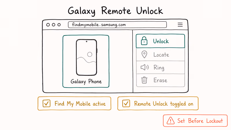 Samsung Find My Mobile dashboard showing Remote Unlock action with two prerequisite toggle reminders