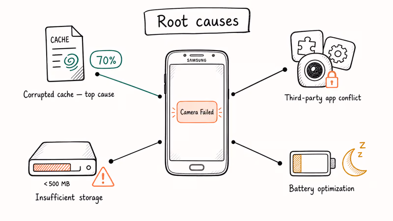 Diagram showing four root causes of Samsung Camera Failed error with icons and labels.