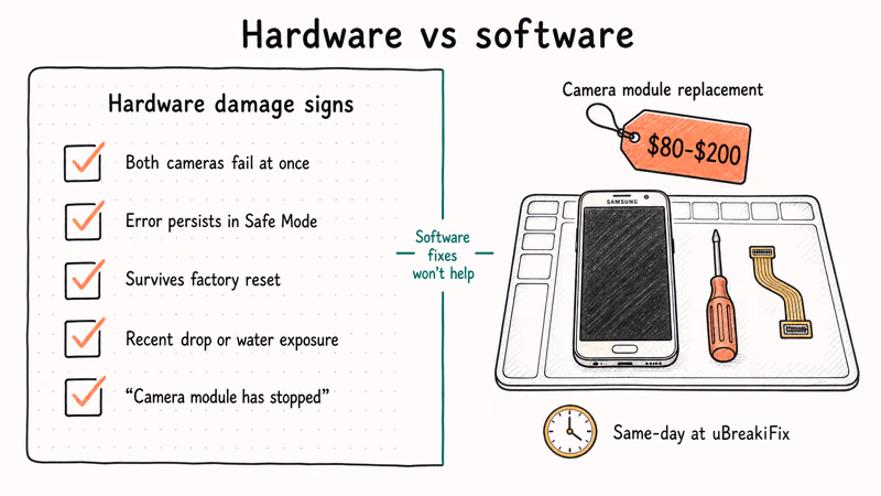 Checklist of five Samsung camera hardware damage signs beside repair counter showing replacement cost range.