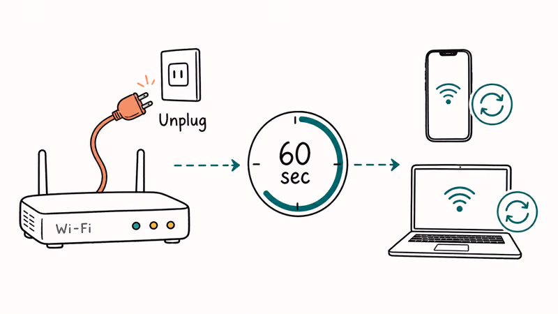 Hand-drawn router unplugged with sixty second timer and iPhone Mac reconnecting after power cycle
