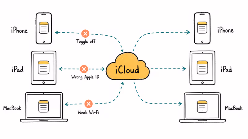 Diagram showing iPhone iPad Mac syncing notes through iCloud break points