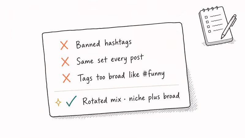 Hand-drawn checklist with three crossed-out hashtag mistakes and one approved rotated mixed tag strategy.
