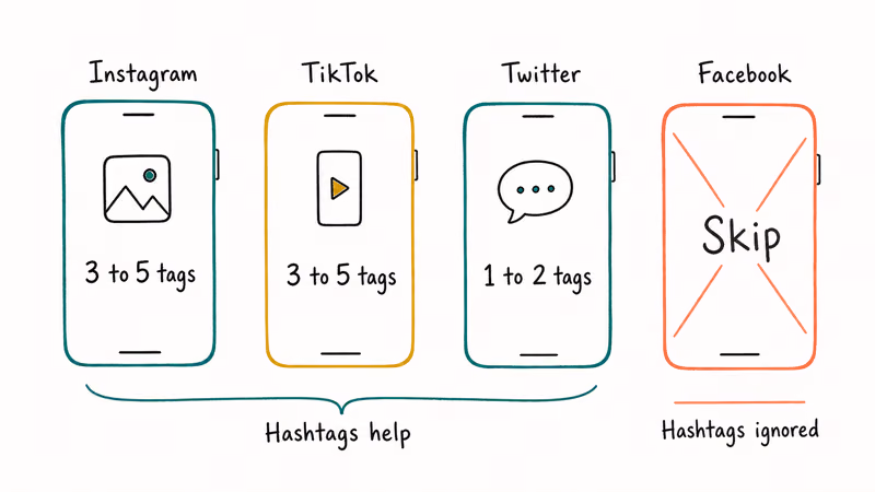 Hand-drawn comparison of four phones showing recommended hashtag counts for Instagram, TikTok, Twitter, and Facebook.