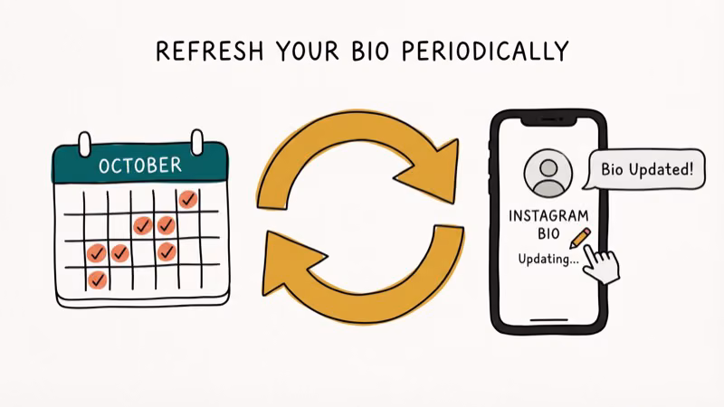 Calendar with refresh arrows and smartphone showing Instagram bio update cycle