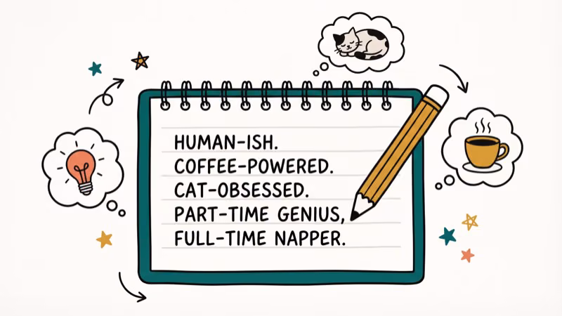 Notepad with pencil and thought bubbles showing creative bio writing ideas