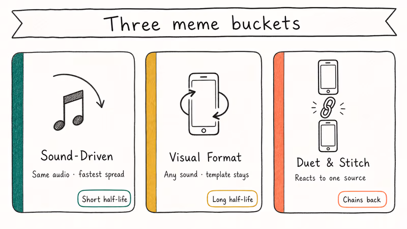 Comparison of sound-driven visual format and duet stitch TikTok meme buckets side by side