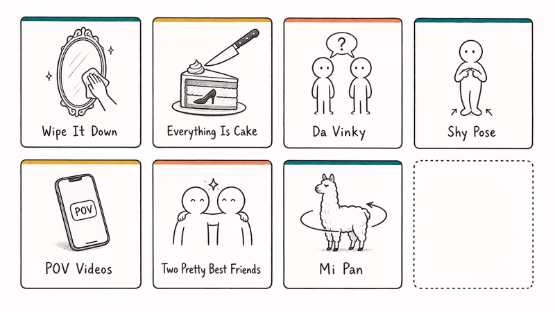 Grid of seven iconic TikTok memes with sounds and POV formats