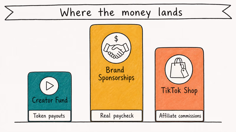 Three-bar infographic comparing Creator Fund brand sponsorships and TikTok Shop earnings