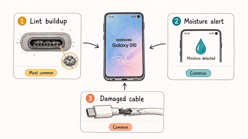 Hand-drawn diagram showing Galaxy S10 with three charging failure causes lint moisture cable