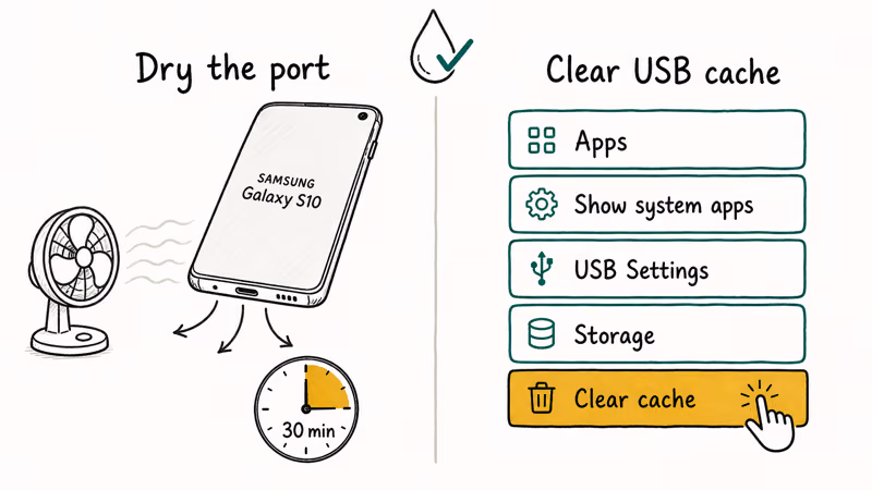 Two-column illustration showing Galaxy S10 drying technique and USB cache clear menu path