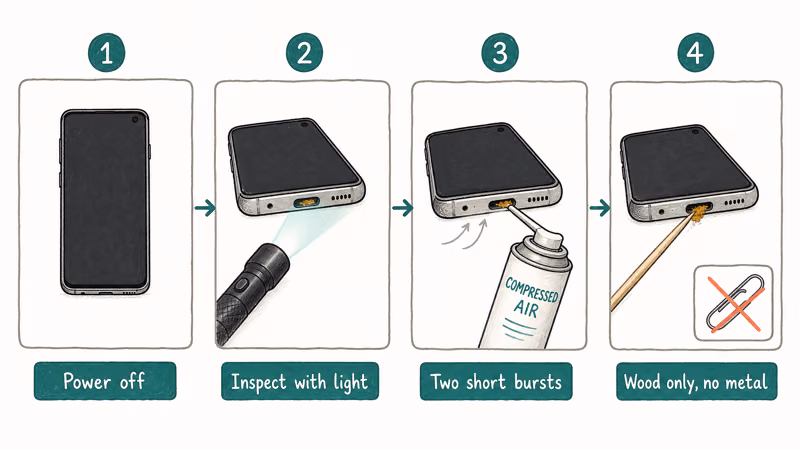 Four-panel illustration of cleaning Galaxy S10 USB-C port with flashlight air toothpick safely
