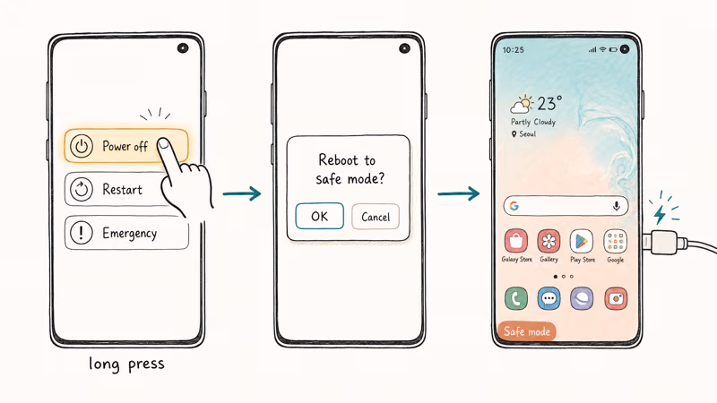Three-state phone screen illustration showing Safe Mode boot sequence on Galaxy S10