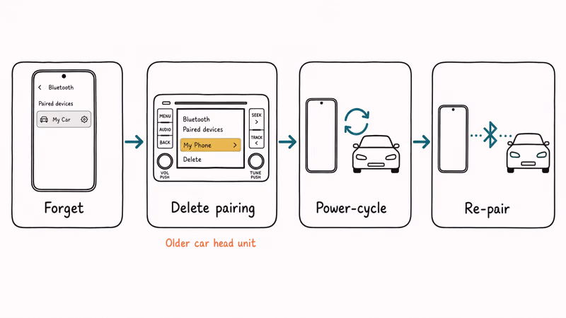 Steps to delete and re-pair a Galaxy S25 Bluetooth connection with a car stereo