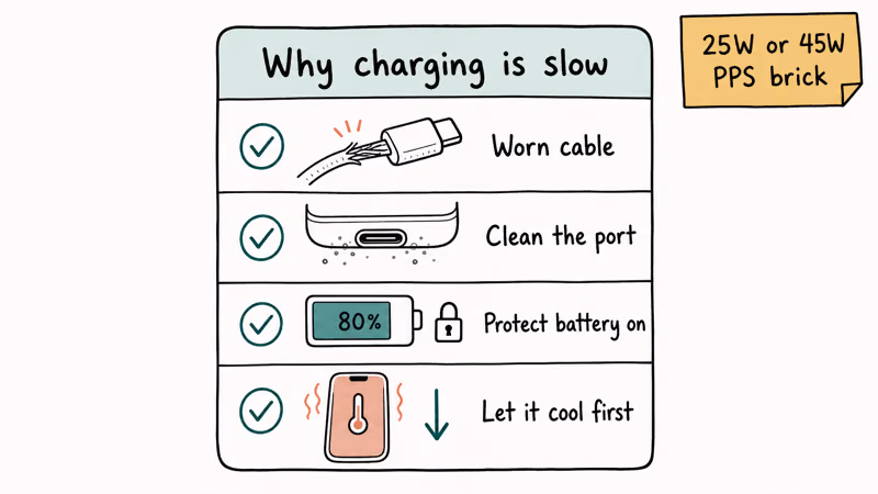 Galaxy S25 slow charging checklist covering worn cable, lint in port, and Protect battery