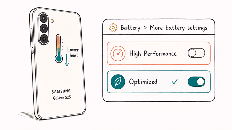 Galaxy S25 battery settings showing Optimized performance profile selected to reduce overheating