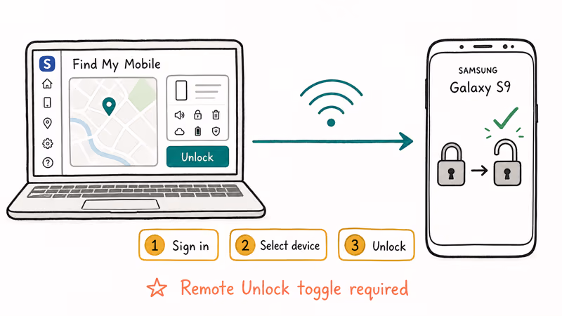 Flowchart showing Samsung Find My Mobile remote unlock steps reaching a locked Galaxy S9.