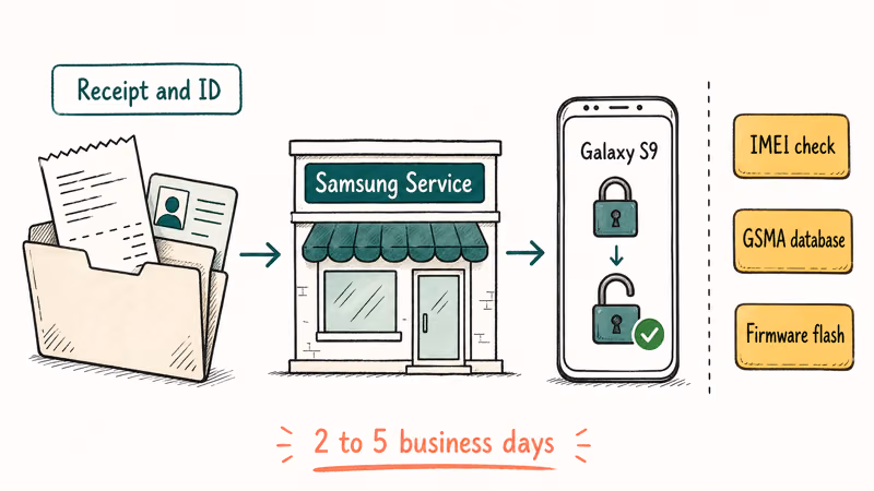 Infographic of Samsung Service Center receipt verification removing FRP from a Galaxy S9.