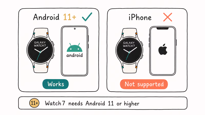 Galaxy Watch model Android version requirements and iPhone incompatibility shown clearly