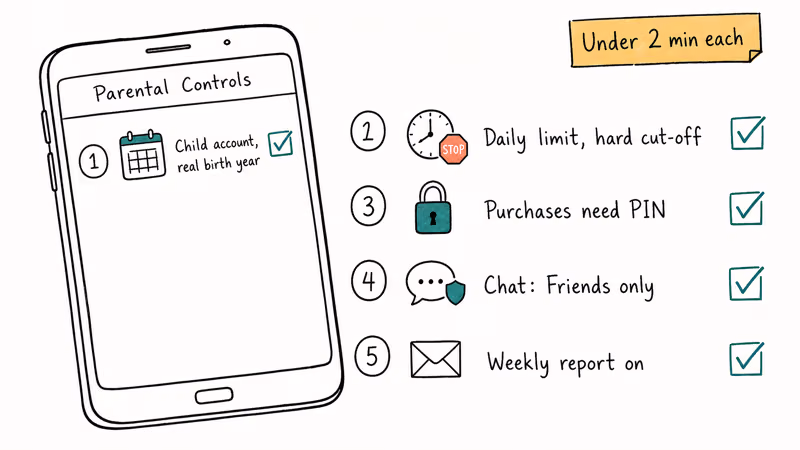 Phone checklist showing parental controls for time chat purchases and reports