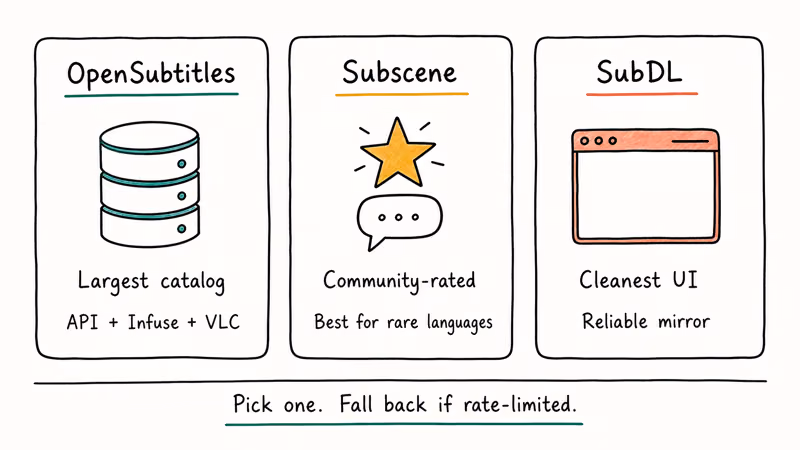 Three hand-drawn cards comparing OpenSubtitles, Subscene, and SubDL subtitle archives with quick strength labels