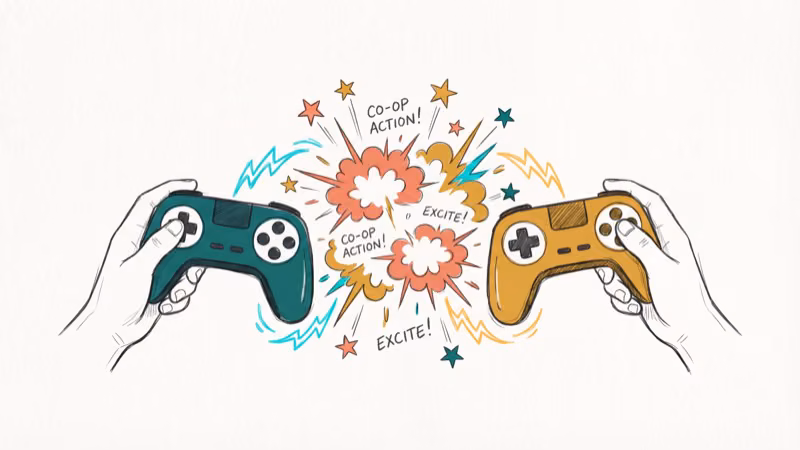 Two game controllers with action effects showing exciting co-op gameplay