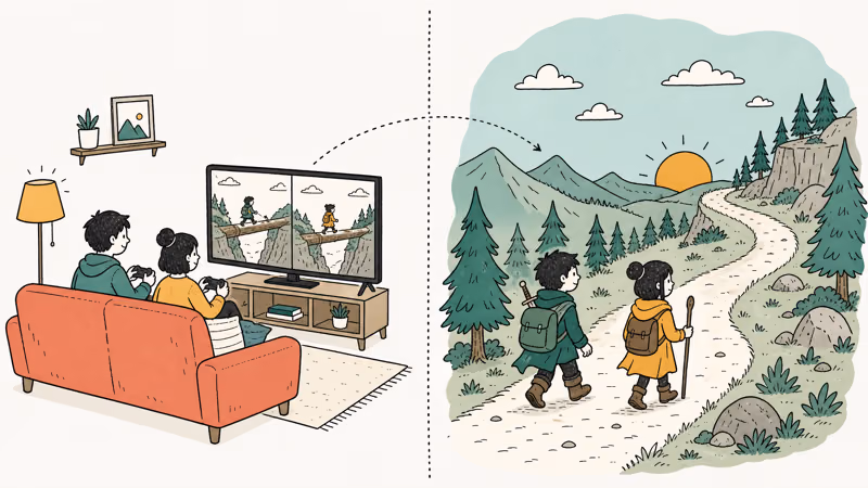 Two players on a couch watching split-screen as their characters walk a story path together
