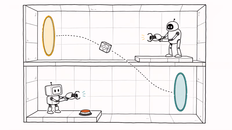 Two cartoon robots on stacked platforms aiming portal devices to share a cube between rooms