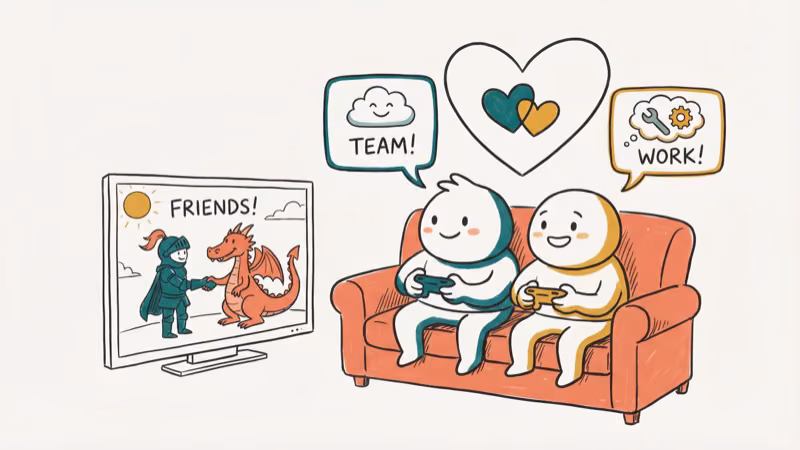Two players cooperating on couch playing story-driven co-op game together