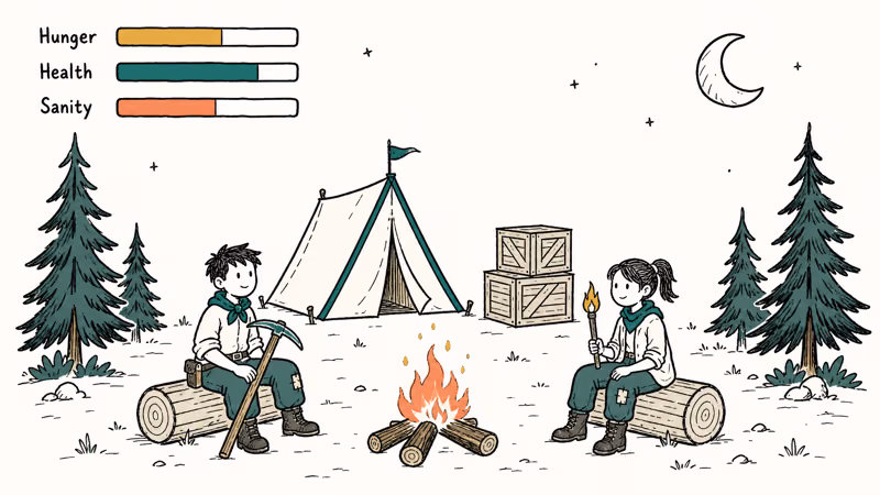 Night campsite with two survivors and hunger health sanity meters
