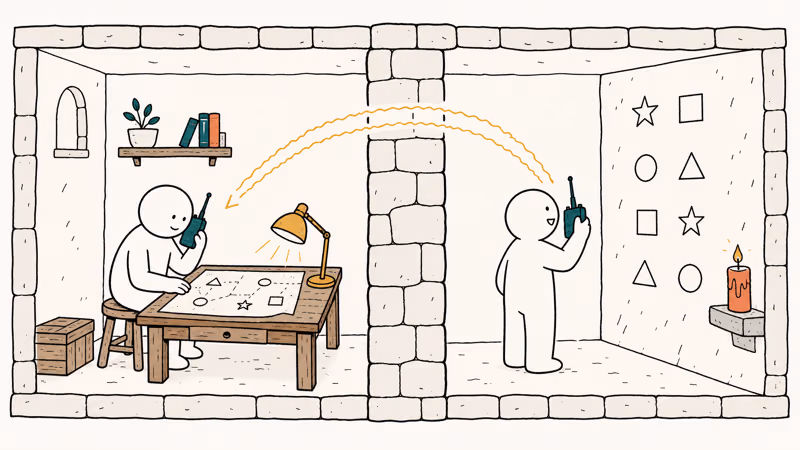 Two figures in separate rooms holding walkie-talkies with signal waves crossing the wall between them