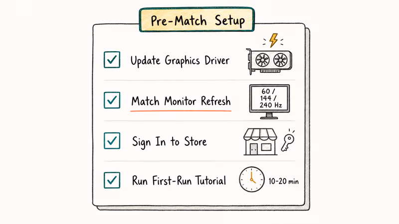 Notebook-style checklist of four pre-match setup steps before launching a new RTS game on PC