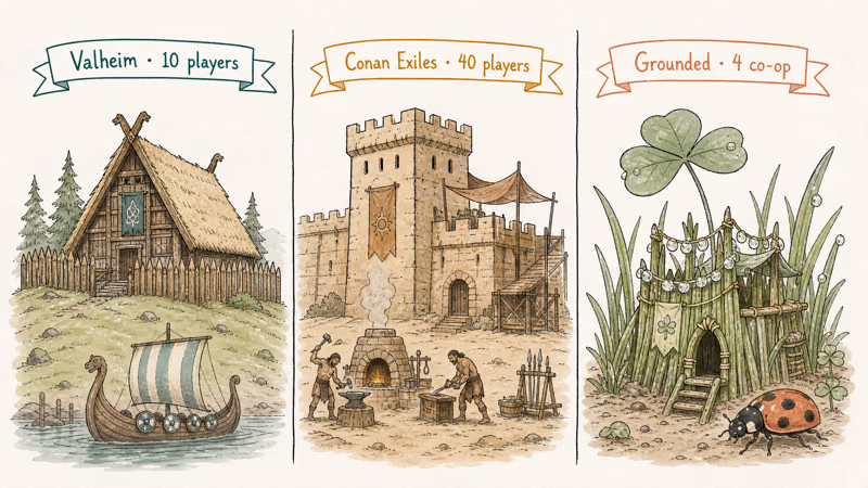 Three hand-drawn camps: Viking longhouse, Hyborian fortress, tiny backyard fort built from grass blades.
