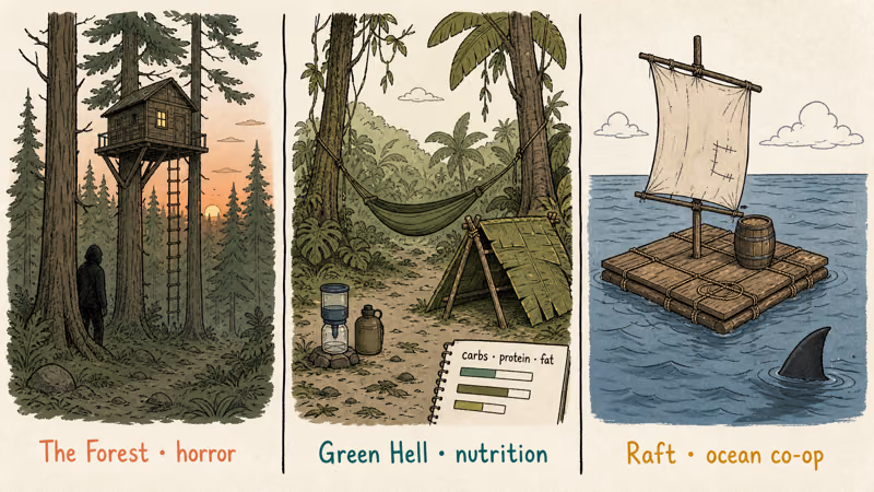 Three survival landscapes: cannibal forest, Amazon jungle camp, and wooden raft circled by sharks.
